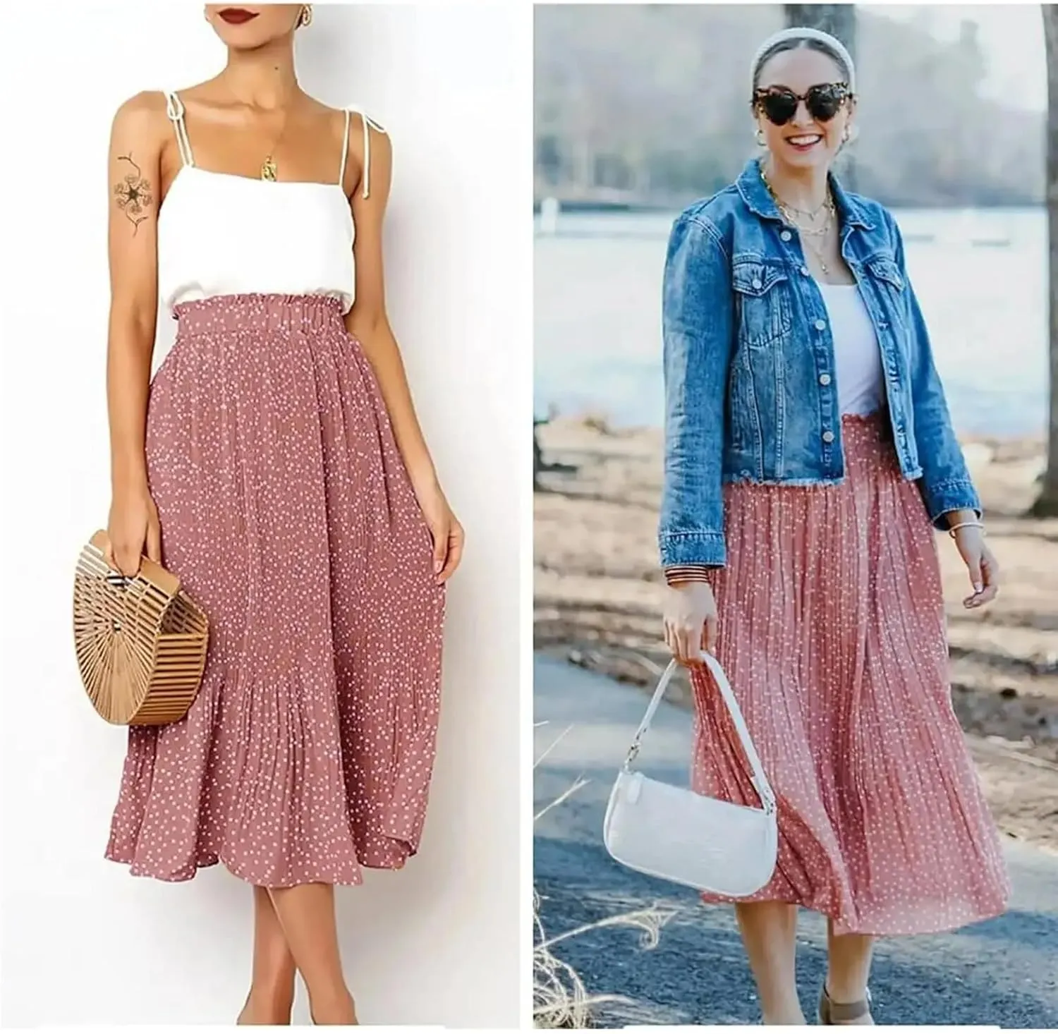 Midi Pleated Skirts for Women Polka Dot Swing High Waist Maxi Skirt with Pockets Dresses