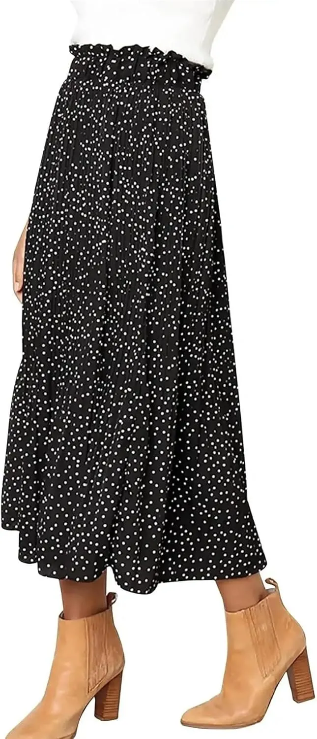 Midi Pleated Skirts for Women Polka Dot Swing High Waist Maxi Skirt with Pockets Dresses