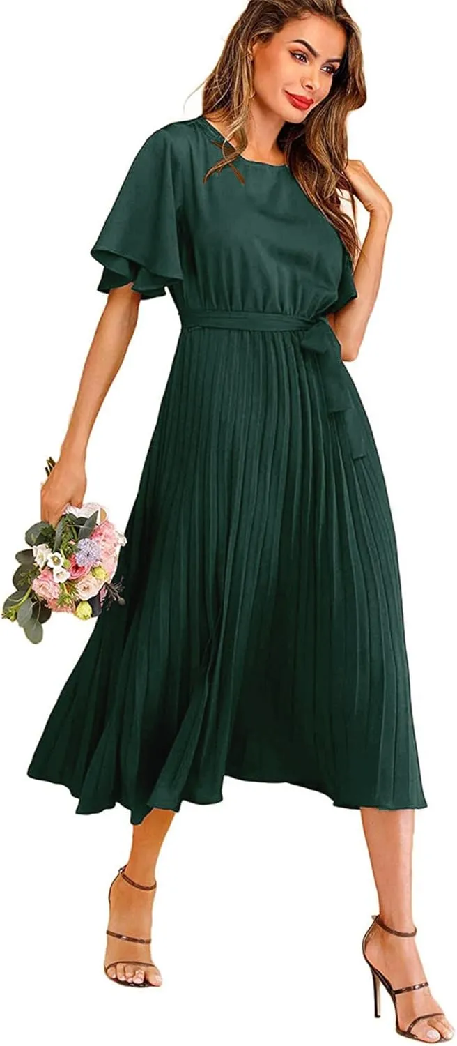 Milumia Women's Elegant Belted Pleated Flounce Sleeve Long Dress