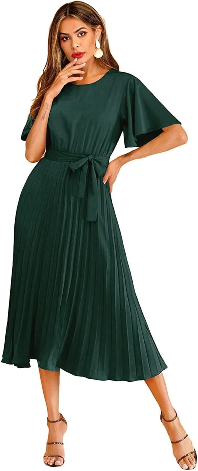 Milumia Women's Elegant Belted Pleated Flounce Sleeve Long Dress