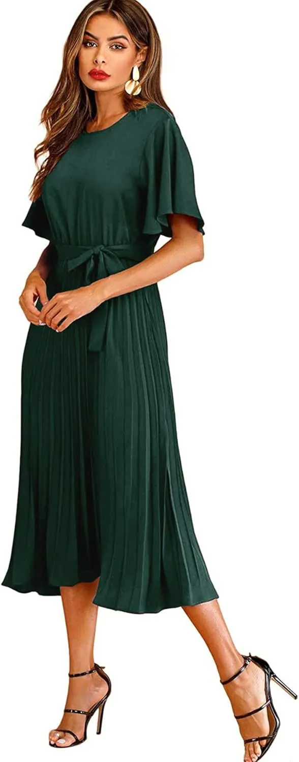 Milumia Women's Elegant Belted Pleated Flounce Sleeve Long Dress