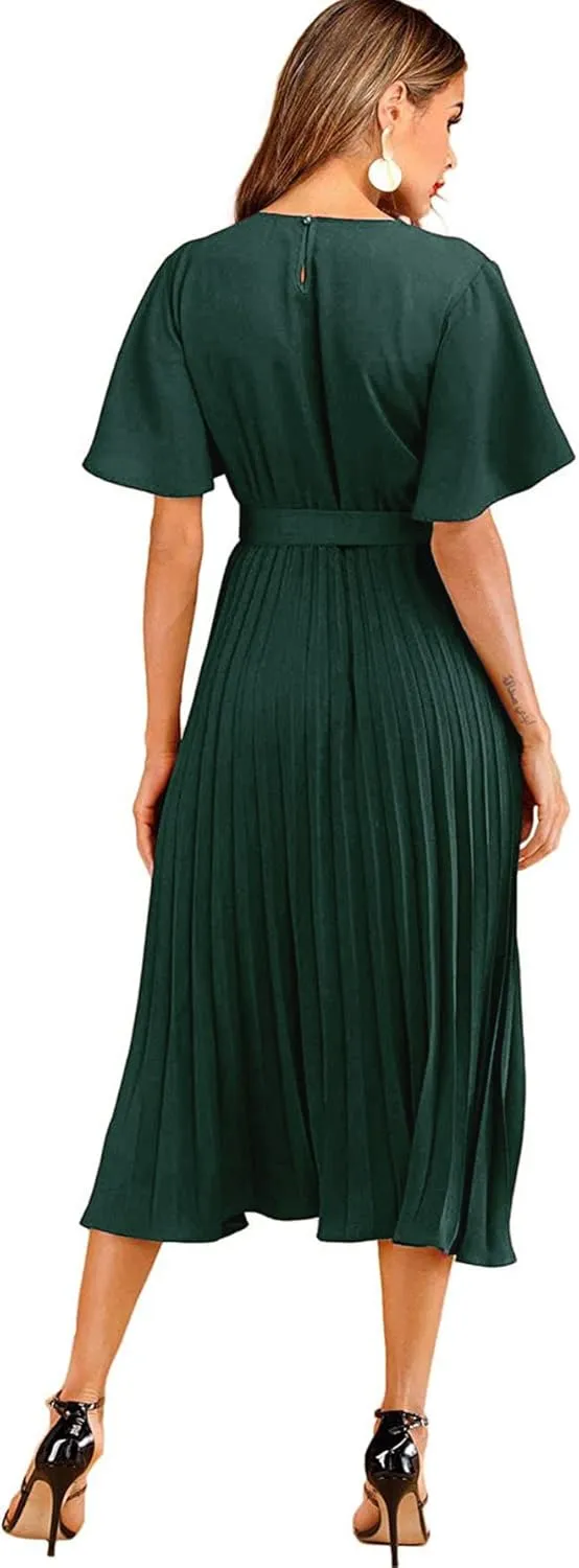 Milumia Women's Elegant Belted Pleated Flounce Sleeve Long Dress