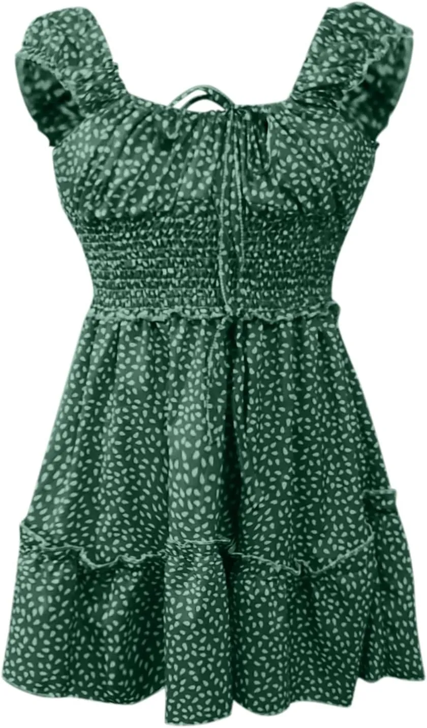 Mini Dresses for Women Summer Casual Floral Boho Sundress Ruffle Short Sleeve Square Neck High Waist Party Sun Dresses