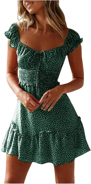 Mini Dresses for Women Summer Casual Floral Boho Sundress Ruffle Short Sleeve Square Neck High Waist Party Sun Dresses