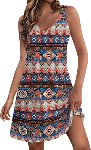 Mini Sundresses for Women Summer Trendy Plus Size Flowy Sexy V Neck Off The Shoulder Sleeveless Floral Short Dress