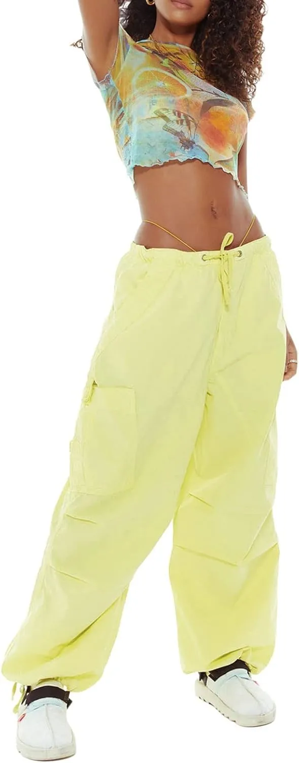 Miyaomn Women's Baggy Low Waist Parachute Cargo Pants Solid Casual Drawstring Adjustable Bottom Joggers Trousers with Pockets
