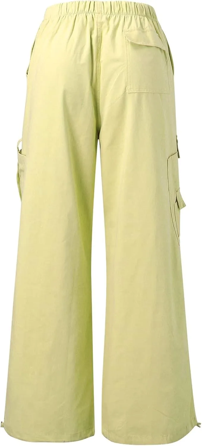 Miyaomn Women's Baggy Low Waist Parachute Cargo Pants Solid Casual Drawstring Adjustable Bottom Joggers Trousers with Pockets