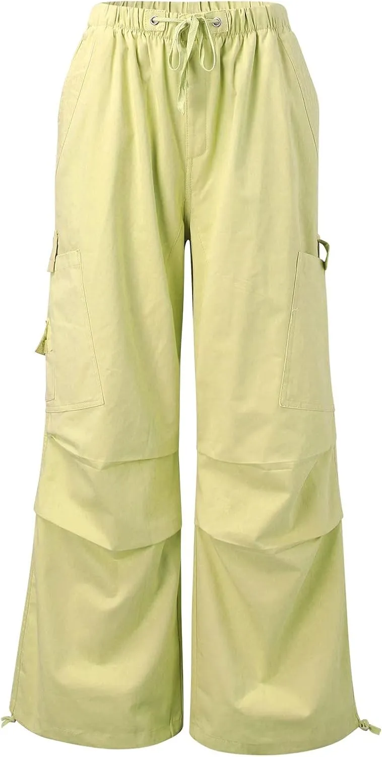 Miyaomn Women's Baggy Low Waist Parachute Cargo Pants Solid Casual Drawstring Adjustable Bottom Joggers Trousers with Pockets