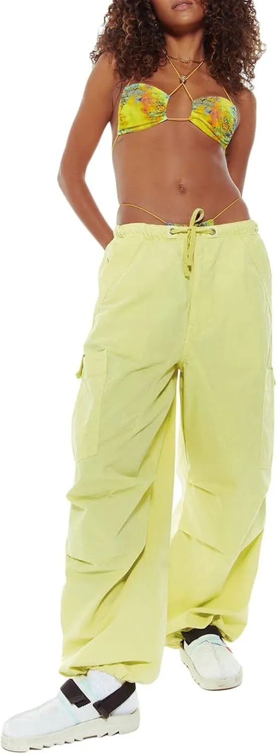 Miyaomn Women's Baggy Low Waist Parachute Cargo Pants Solid Casual Drawstring Adjustable Bottom Joggers Trousers with Pockets