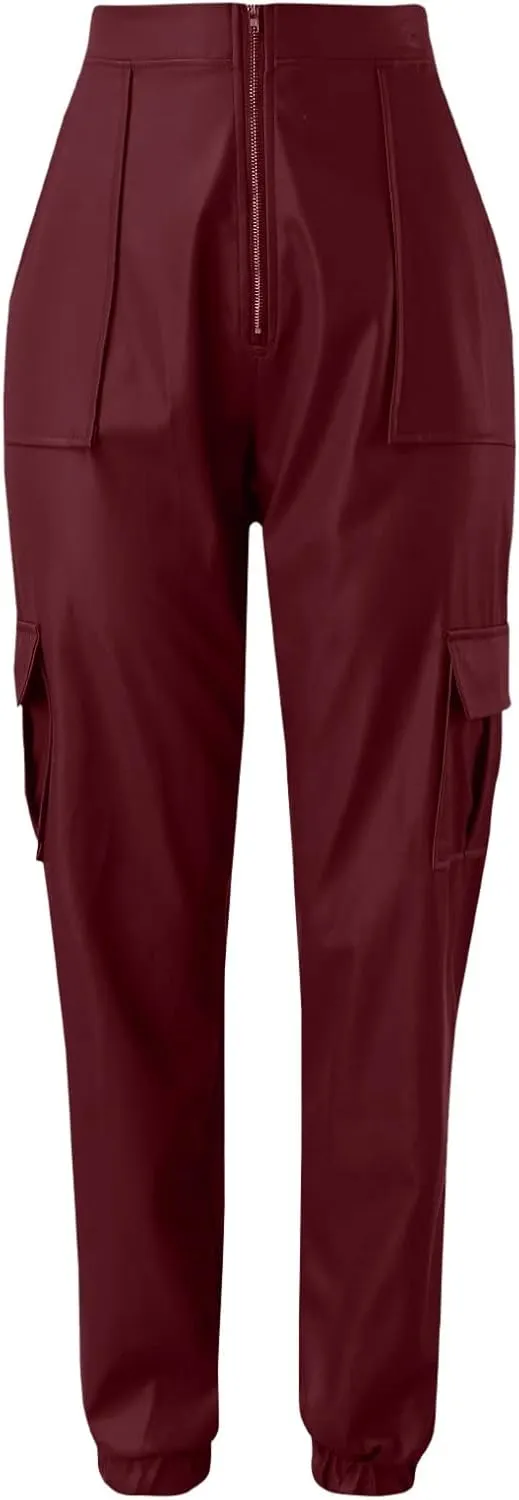 Miyaomn Womens Stretch Faux Leather Pants High Waisted Cuffed Ankle PU Leather Trousers Baggy Jogger Cargo Pants with Pockets