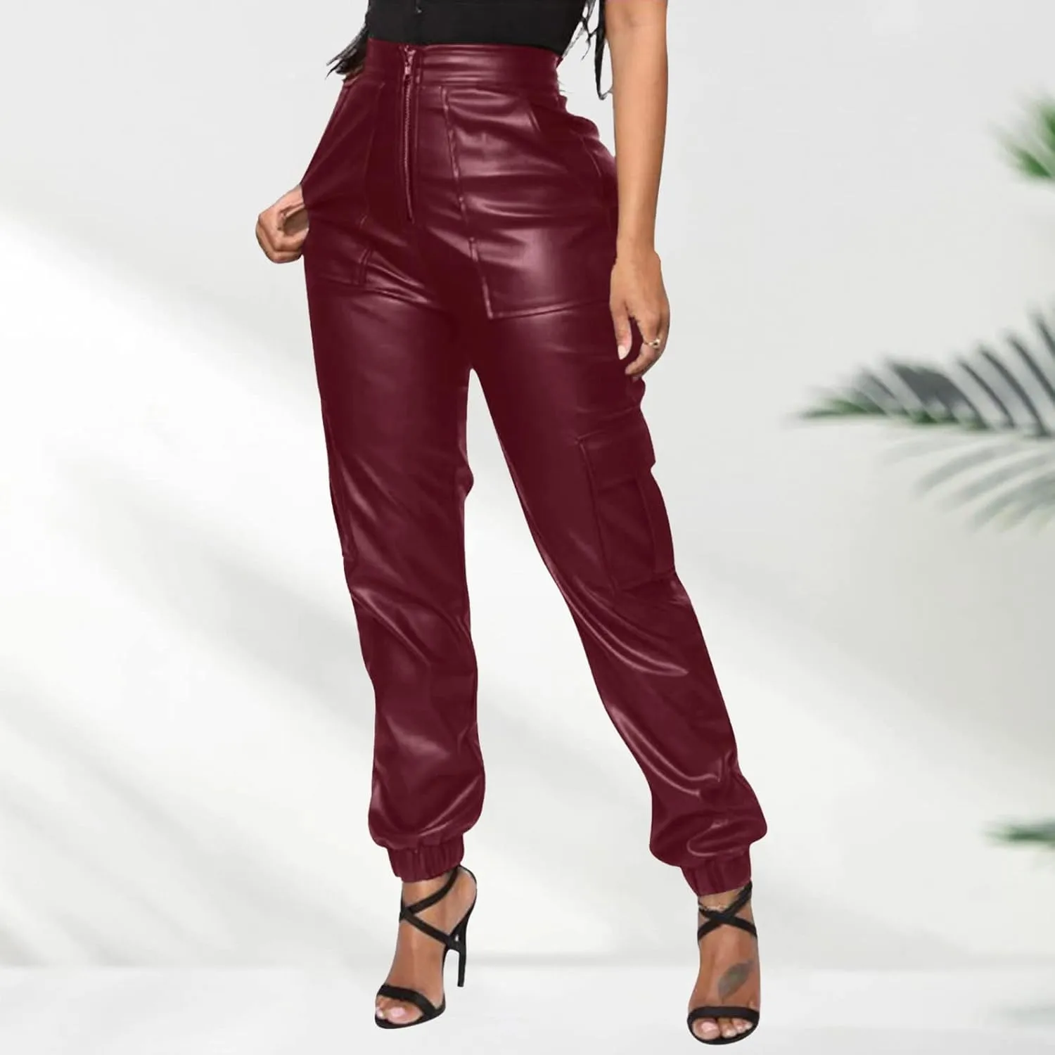 Miyaomn Womens Stretch Faux Leather Pants High Waisted Cuffed Ankle PU Leather Trousers Baggy Jogger Cargo Pants with Pockets