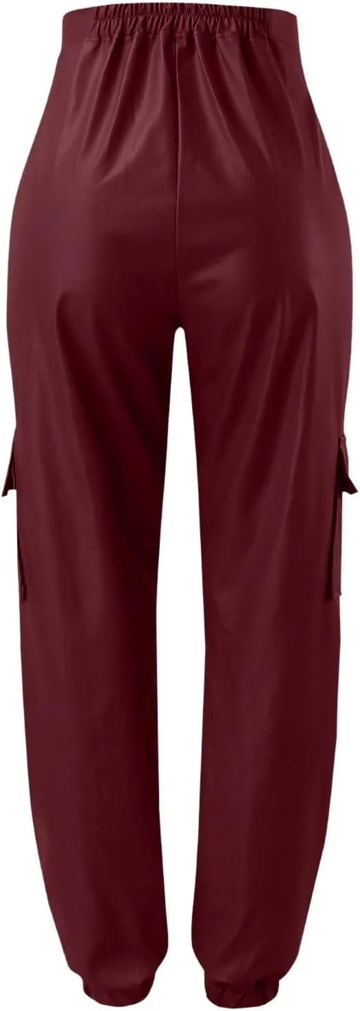 Miyaomn Womens Stretch Faux Leather Pants High Waisted Cuffed Ankle PU Leather Trousers Baggy Jogger Cargo Pants with Pockets