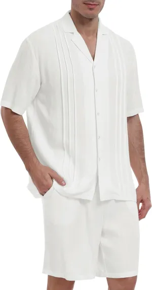 MoFiz Men's Linen Sets 2 Pieces Summer Vacation Party Beach Outfits Short Sleeve Button Down Shirts and Pants Set