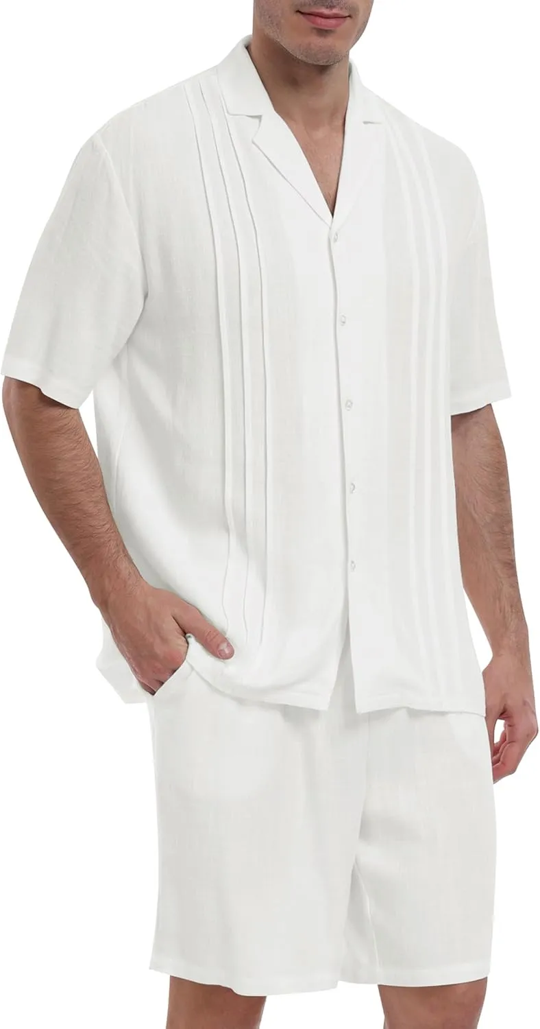 MoFiz Men's Linen Sets 2 Pieces Summer Vacation Party Beach Outfits Short Sleeve Button Down Shirts and Pants Set