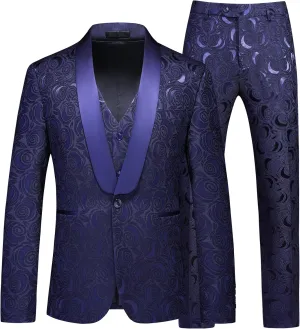 MOGU Mens 3-Piece Slim Fit Suit Set Floral Tuxedo with Shawl Lapel One-Button Blazer Vest Elastic Waist Pants Party Outfit