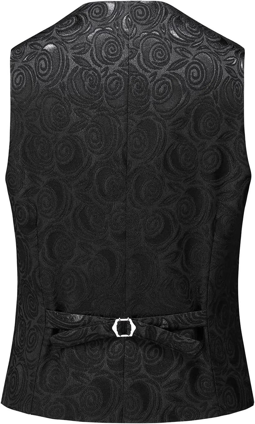 MOGU Mens 3-Piece Slim Fit Suit Set Floral Tuxedo with Shawl Lapel One-Button Blazer Vest Elastic Waist Pants Party Outfit