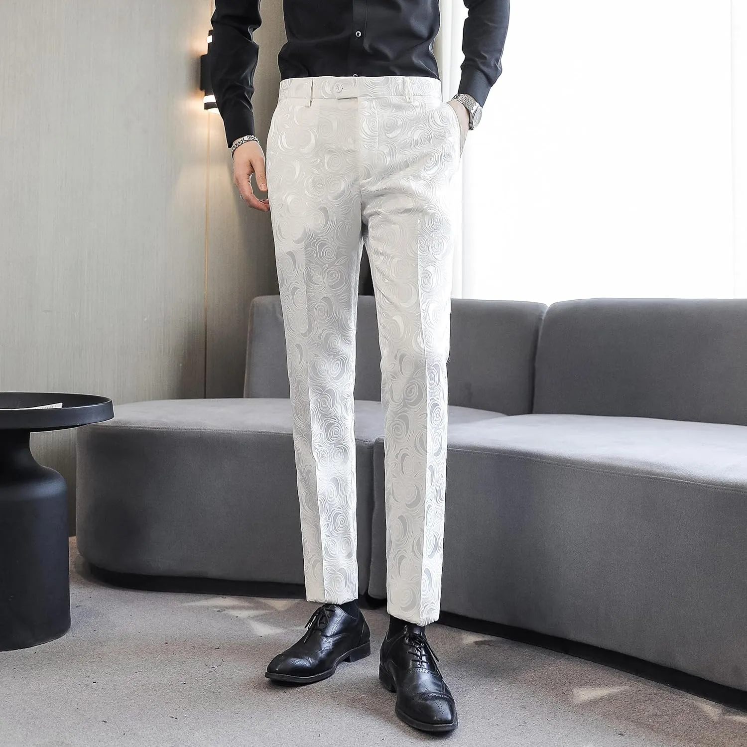 MOGU Mens 3-Piece Slim Fit Suit Set Floral Tuxedo with Shawl Lapel One-Button Blazer Vest Elastic Waist Pants Party Outfit