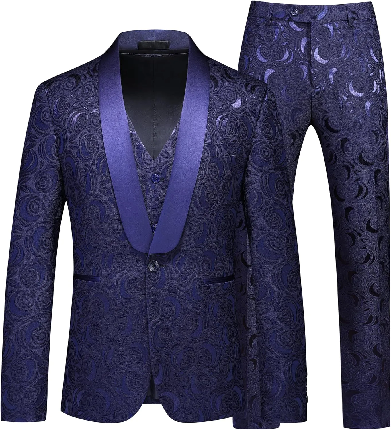MOGU Mens 3-Piece Slim Fit Suit Set Floral Tuxedo with Shawl Lapel One-Button Blazer Vest Elastic Waist Pants Party Outfit