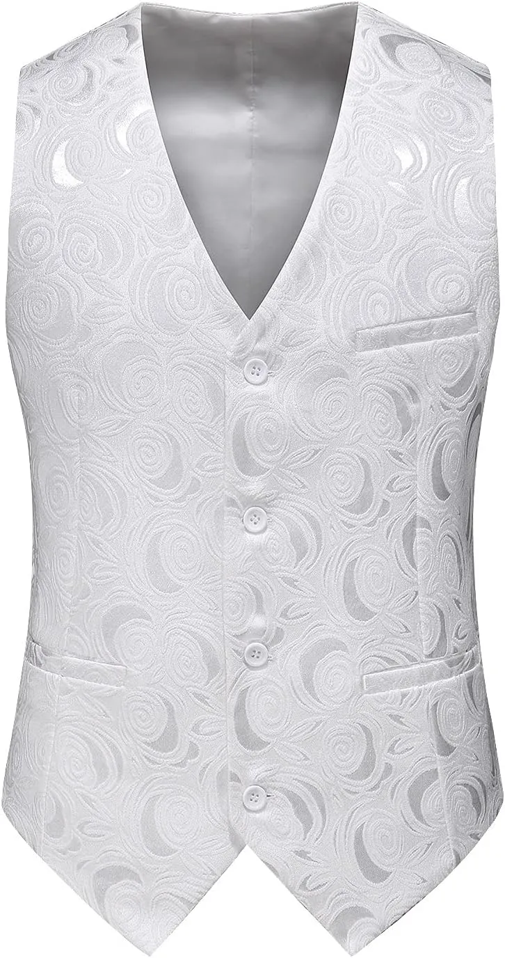 MOGU Mens 3-Piece Slim Fit Suit Set Floral Tuxedo with Shawl Lapel One-Button Blazer Vest Elastic Waist Pants Party Outfit