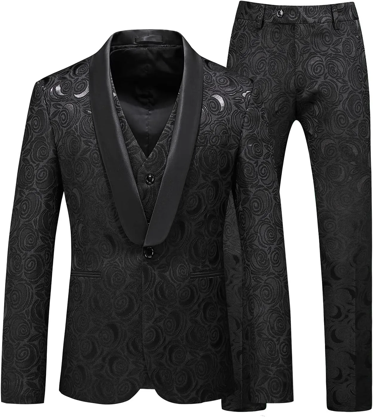 MOGU Mens 3-Piece Slim Fit Suit Set Floral Tuxedo with Shawl Lapel One-Button Blazer Vest Elastic Waist Pants Party Outfit