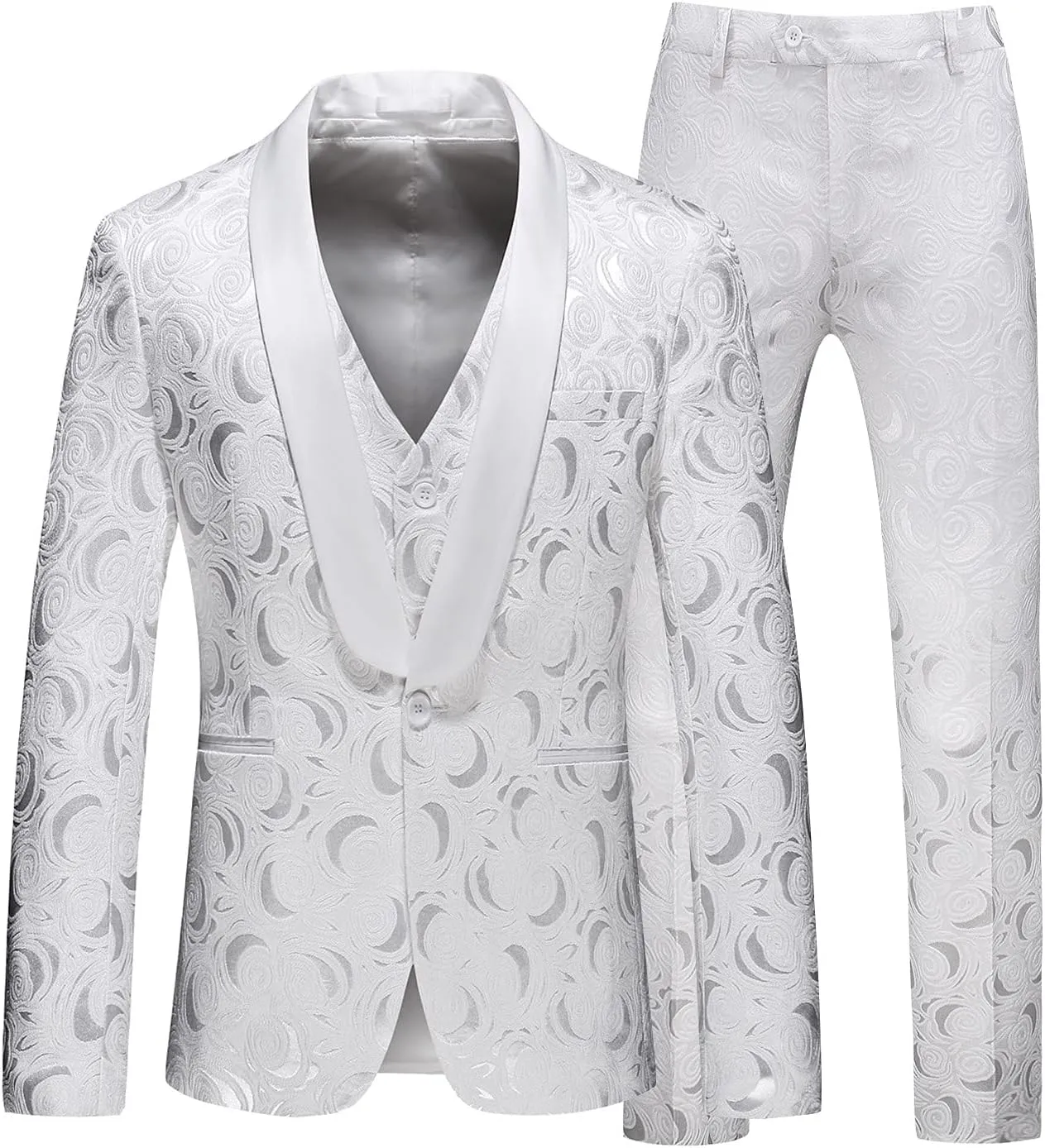 MOGU Mens 3-Piece Slim Fit Suit Set Floral Tuxedo with Shawl Lapel One-Button Blazer Vest Elastic Waist Pants Party Outfit