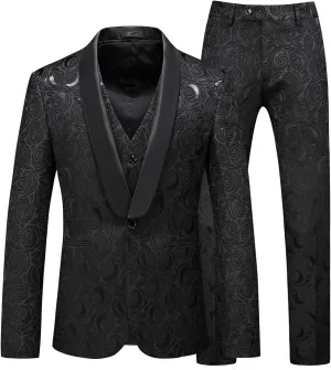 MOGU Mens 3-Piece Slim Fit Suit Set Floral Tuxedo with Shawl Lapel One-Button Blazer Vest Elastic Waist Pants Party Outfit