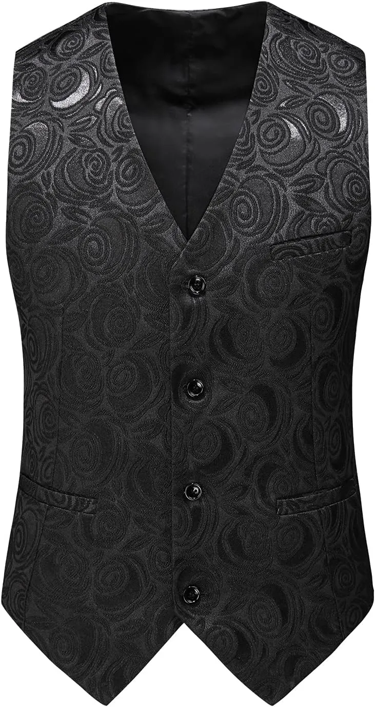 MOGU Mens 3-Piece Slim Fit Suit Set Floral Tuxedo with Shawl Lapel One-Button Blazer Vest Elastic Waist Pants Party Outfit