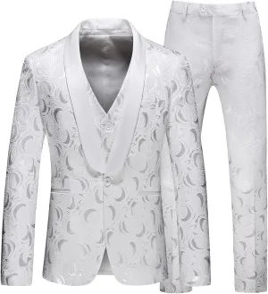 MOGU Mens 3-Piece Slim Fit Suit Set Floral Tuxedo with Shawl Lapel One-Button Blazer Vest Elastic Waist Pants Party Outfit