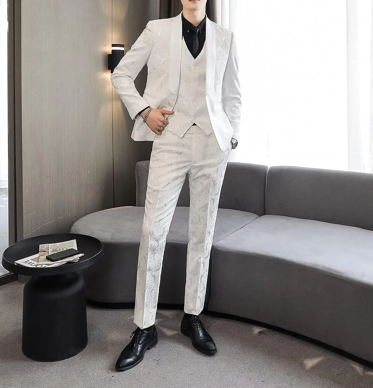 MOGU Mens 3-Piece Slim Fit Suit Set Floral Tuxedo with Shawl Lapel One-Button Blazer Vest Elastic Waist Pants Party Outfit