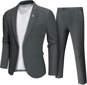 MrSure Mens 2 Piece Regular Fit Linen Suit, Casual Blazer Pants Set, Lightweight Jacket Trouser for Wedding Prom