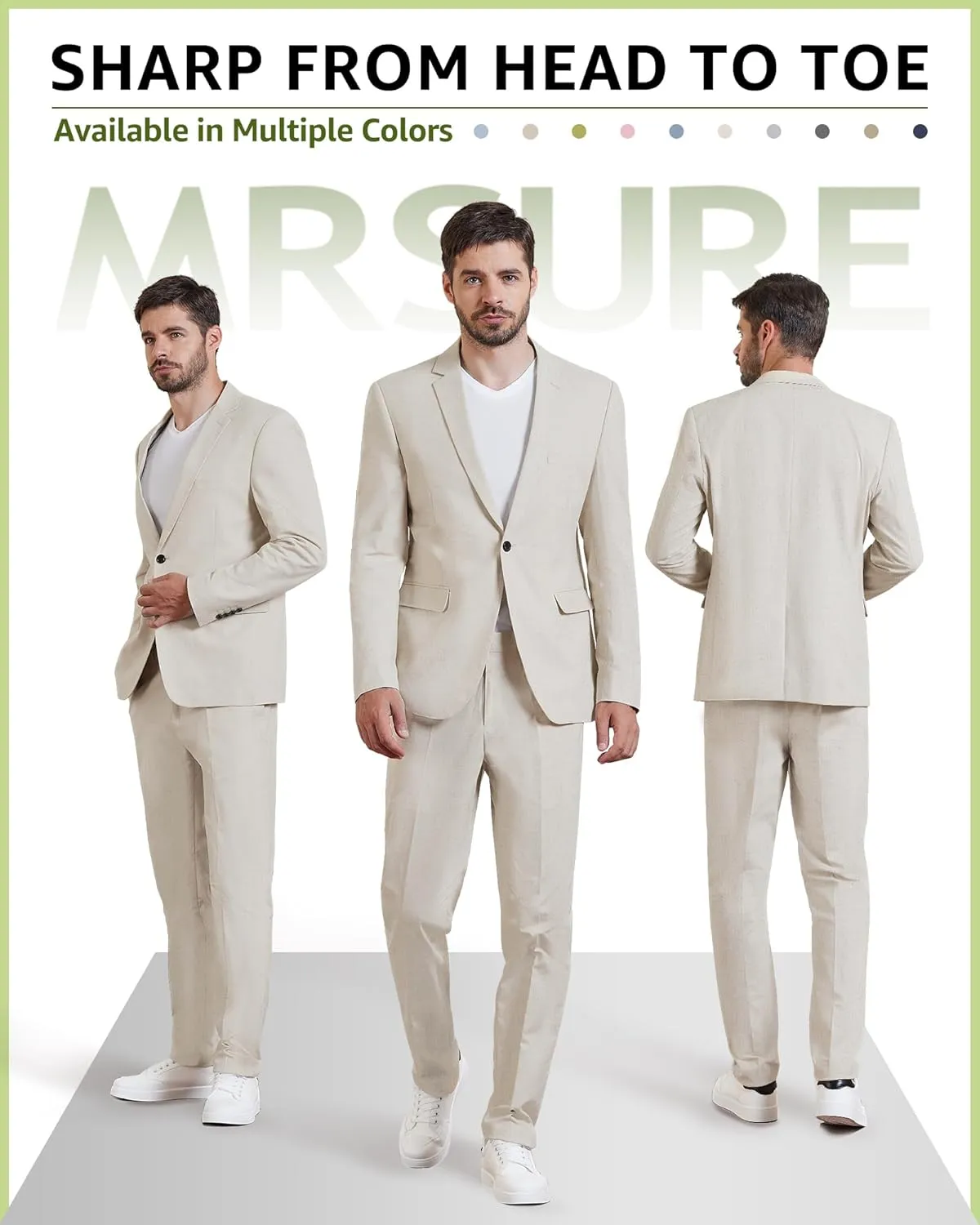 MrSure Mens 2 Piece Regular Fit Linen Suit, Casual Blazer Pants Set, Lightweight Jacket Trouser for Wedding Prom
