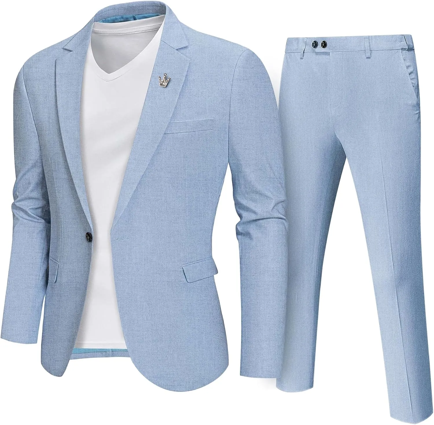 MrSure Mens 2 Piece Regular Fit Linen Suit, Casual Blazer Pants Set, Lightweight Jacket Trouser for Wedding Prom