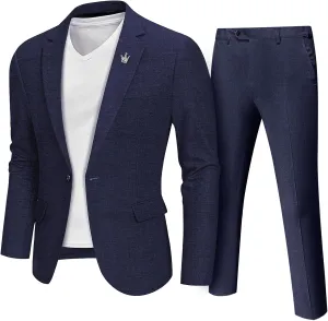 MrSure Mens 2 Piece Regular Fit Linen Suit, Casual Blazer Pants Set, Lightweight Jacket Trouser for Wedding Prom