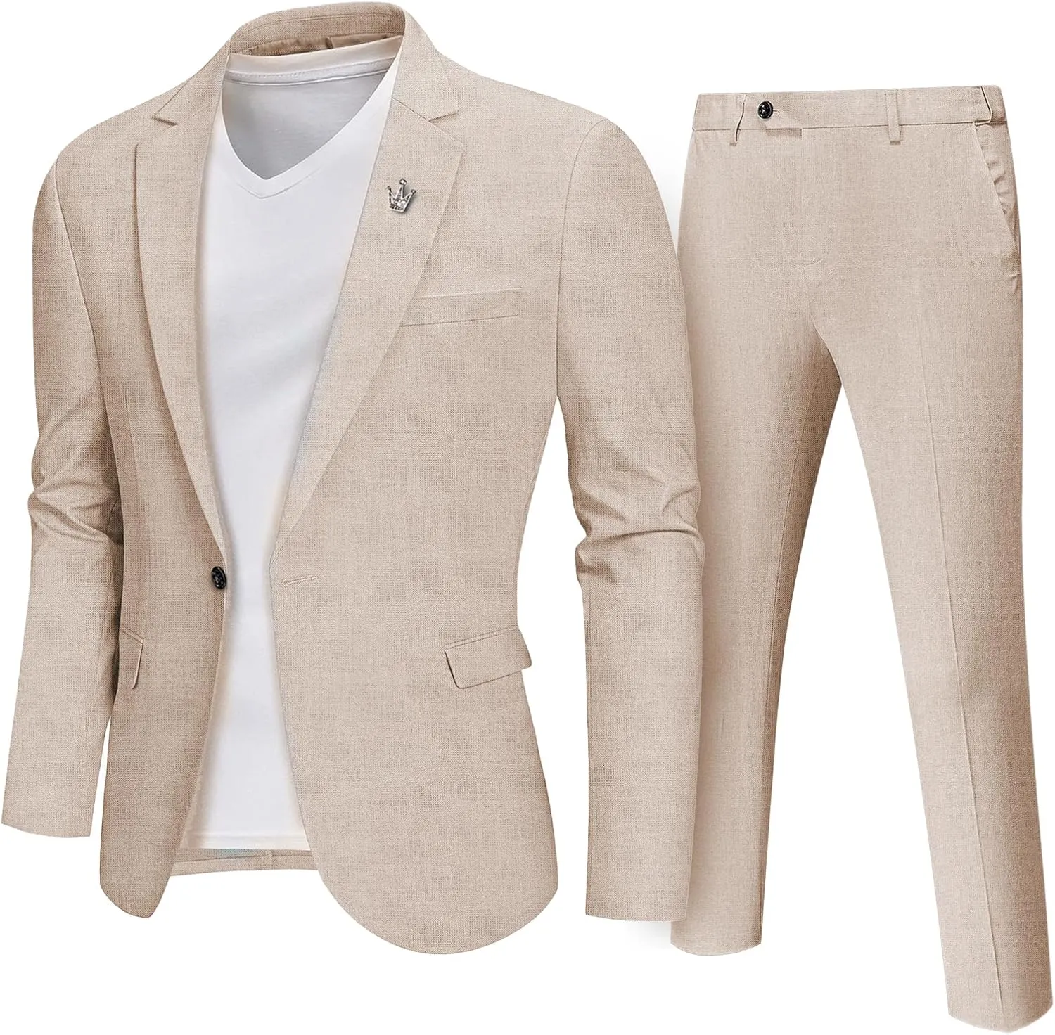 MrSure Mens 2 Piece Regular Fit Linen Suit, Casual Blazer Pants Set, Lightweight Jacket Trouser for Wedding Prom