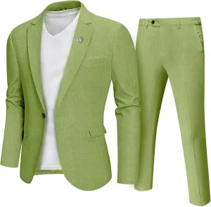 MrSure Mens 2 Piece Regular Fit Linen Suit, Casual Blazer Pants Set, Lightweight Jacket Trouser for Wedding Prom