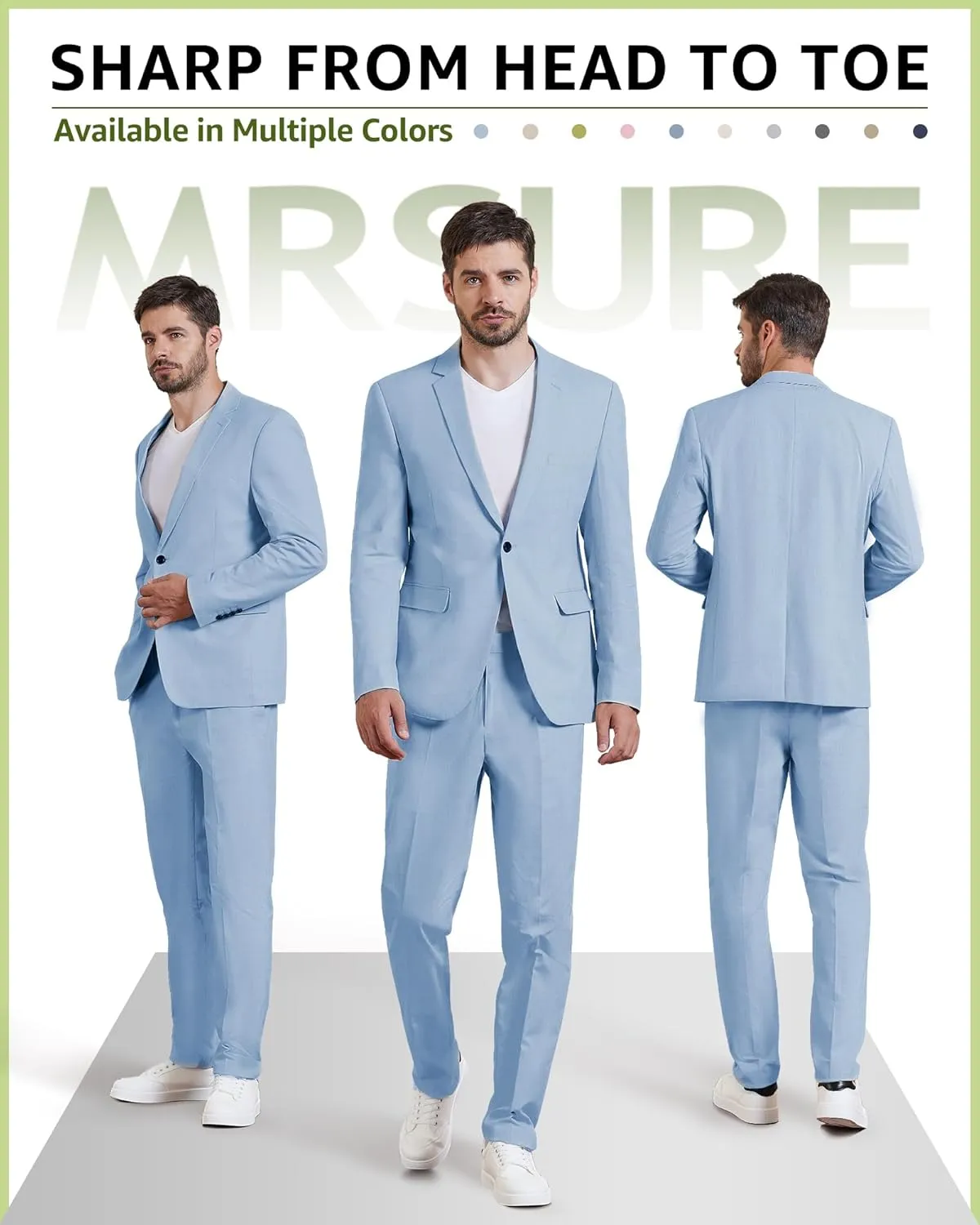 MrSure Mens 2 Piece Regular Fit Linen Suit, Casual Blazer Pants Set, Lightweight Jacket Trouser for Wedding Prom