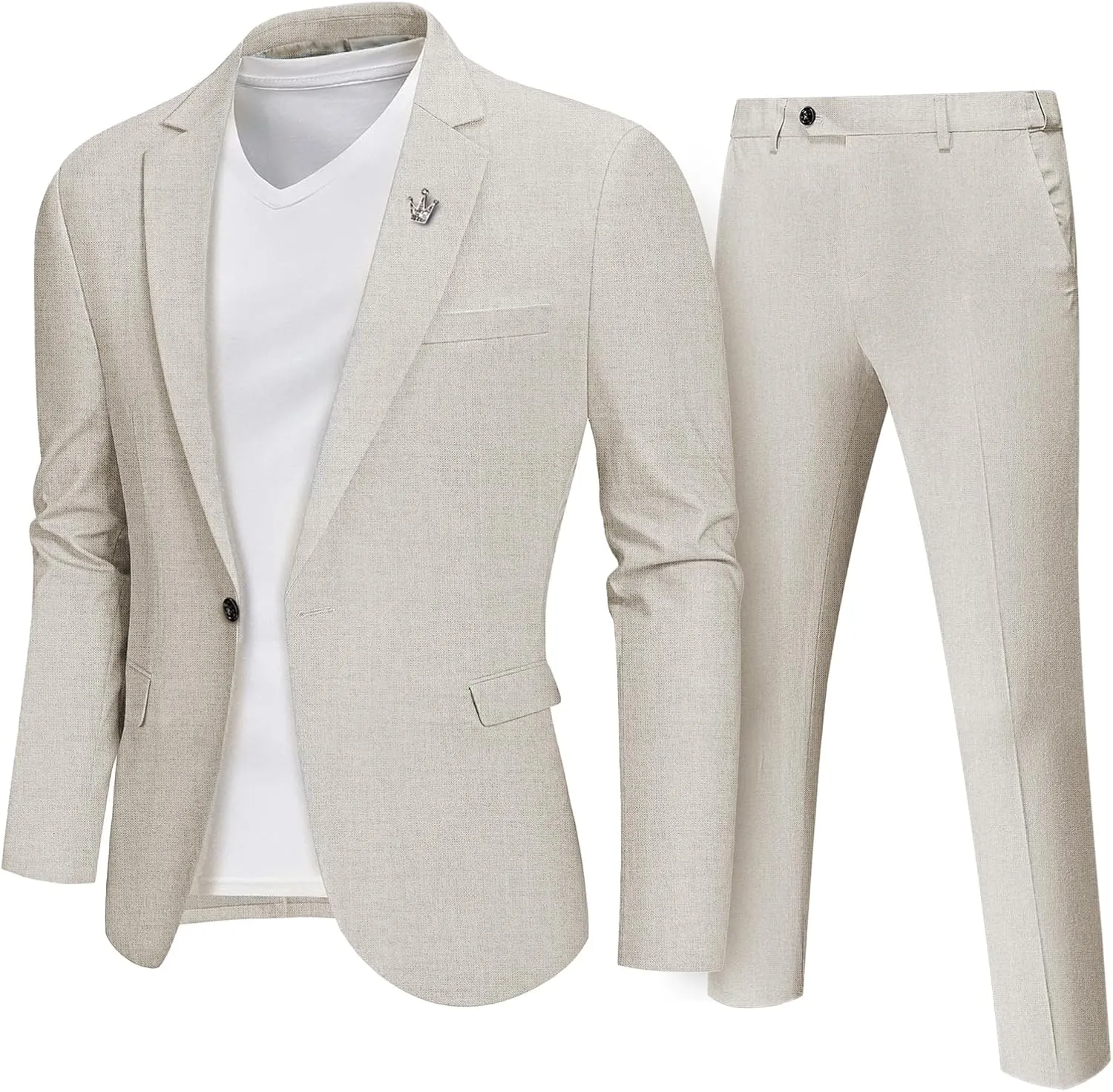 MrSure Mens 2 Piece Regular Fit Linen Suit, Casual Blazer Pants Set, Lightweight Jacket Trouser for Wedding Prom