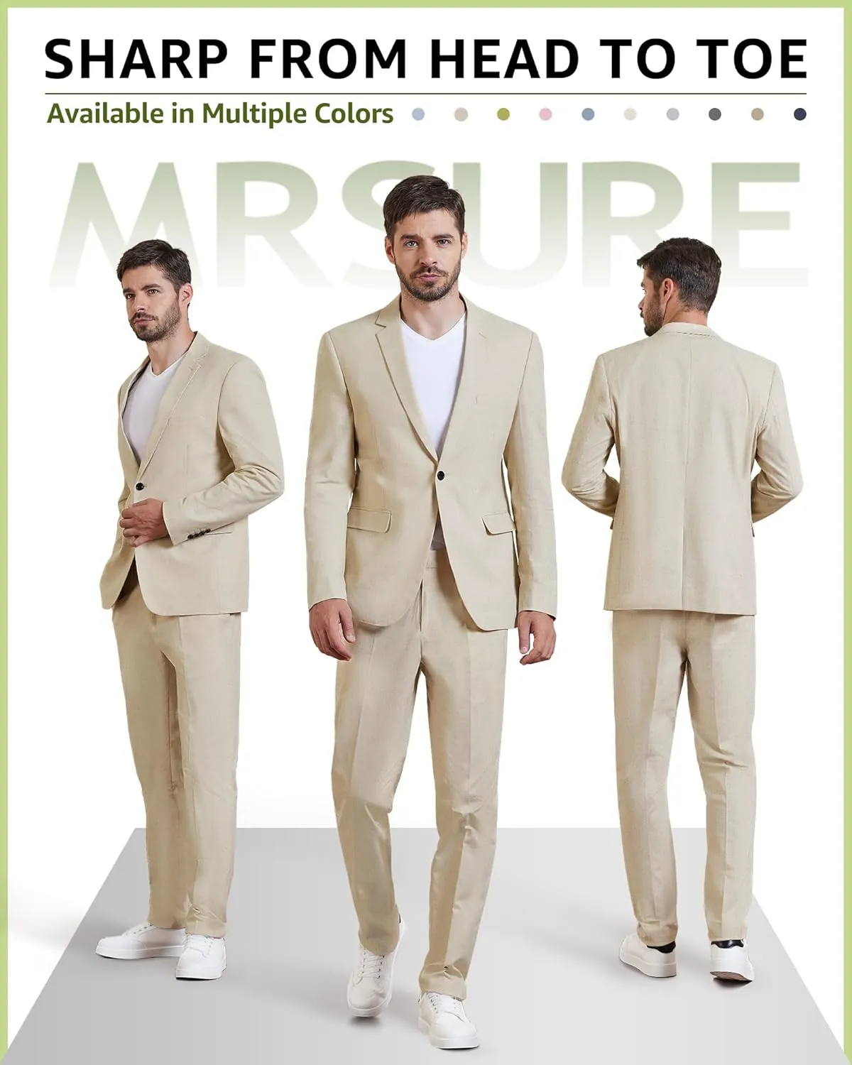 MrSure Mens 2 Piece Regular Fit Linen Suit, Casual Blazer Pants Set, Lightweight Jacket Trouser for Wedding Prom