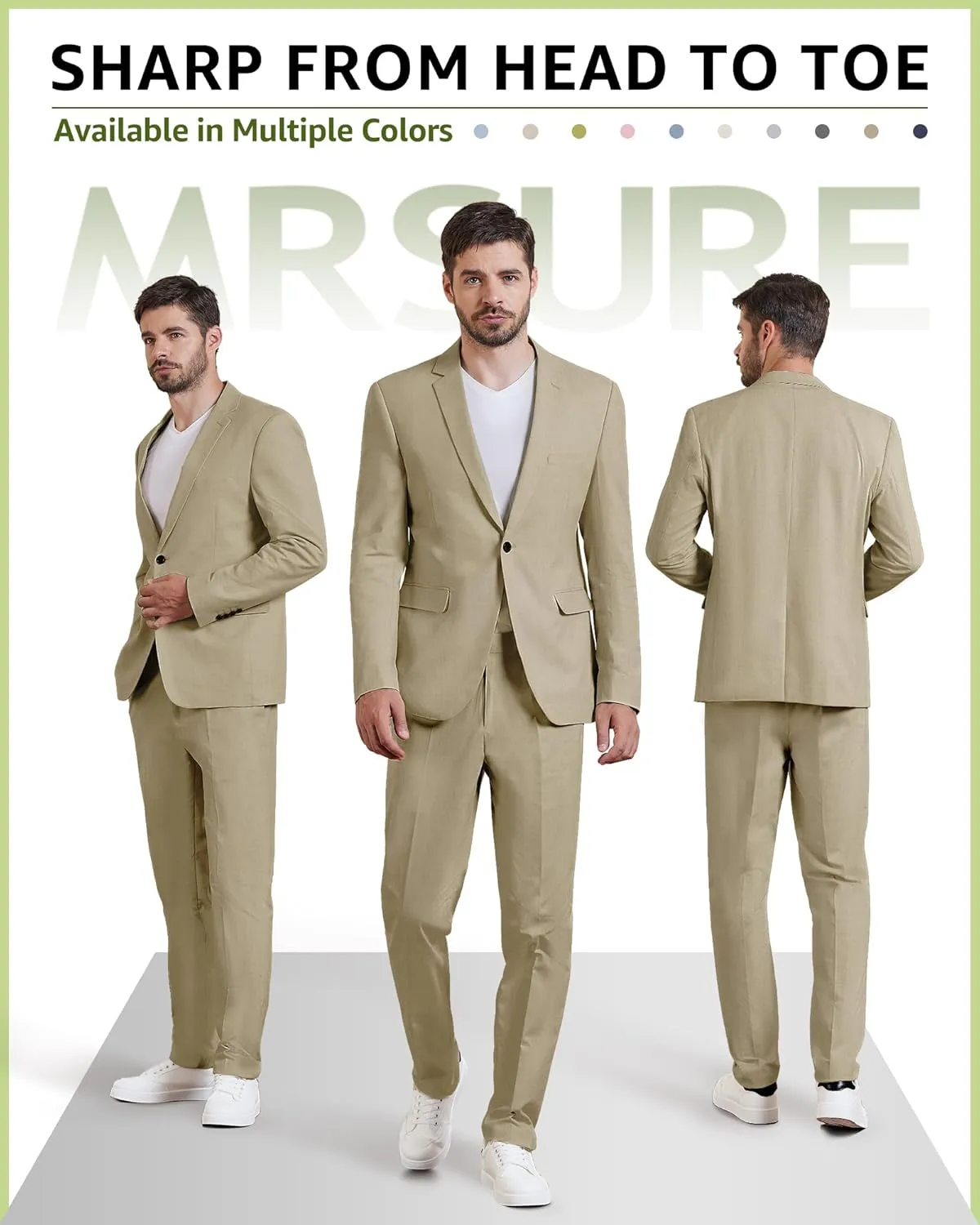 MrSure Mens 2 Piece Regular Fit Linen Suit, Casual Blazer Pants Set, Lightweight Jacket Trouser for Wedding Prom