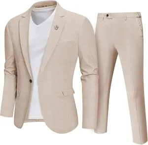 MrSure Mens 2 Piece Regular Fit Linen Suit, Casual Blazer Pants Set, Lightweight Jacket Trouser for Wedding Prom