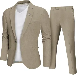 MrSure Mens 2 Piece Regular Fit Linen Suit, Casual Blazer Pants Set, Lightweight Jacket Trouser for Wedding Prom