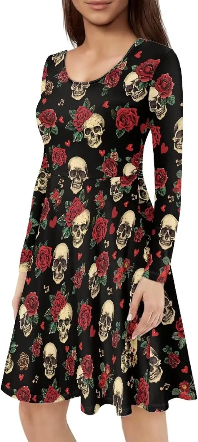 Mumeson Women's Casual Dresses Long Sleeve Round Neck Midi Dress Elegant Swing Maxi Dresses S-4XL