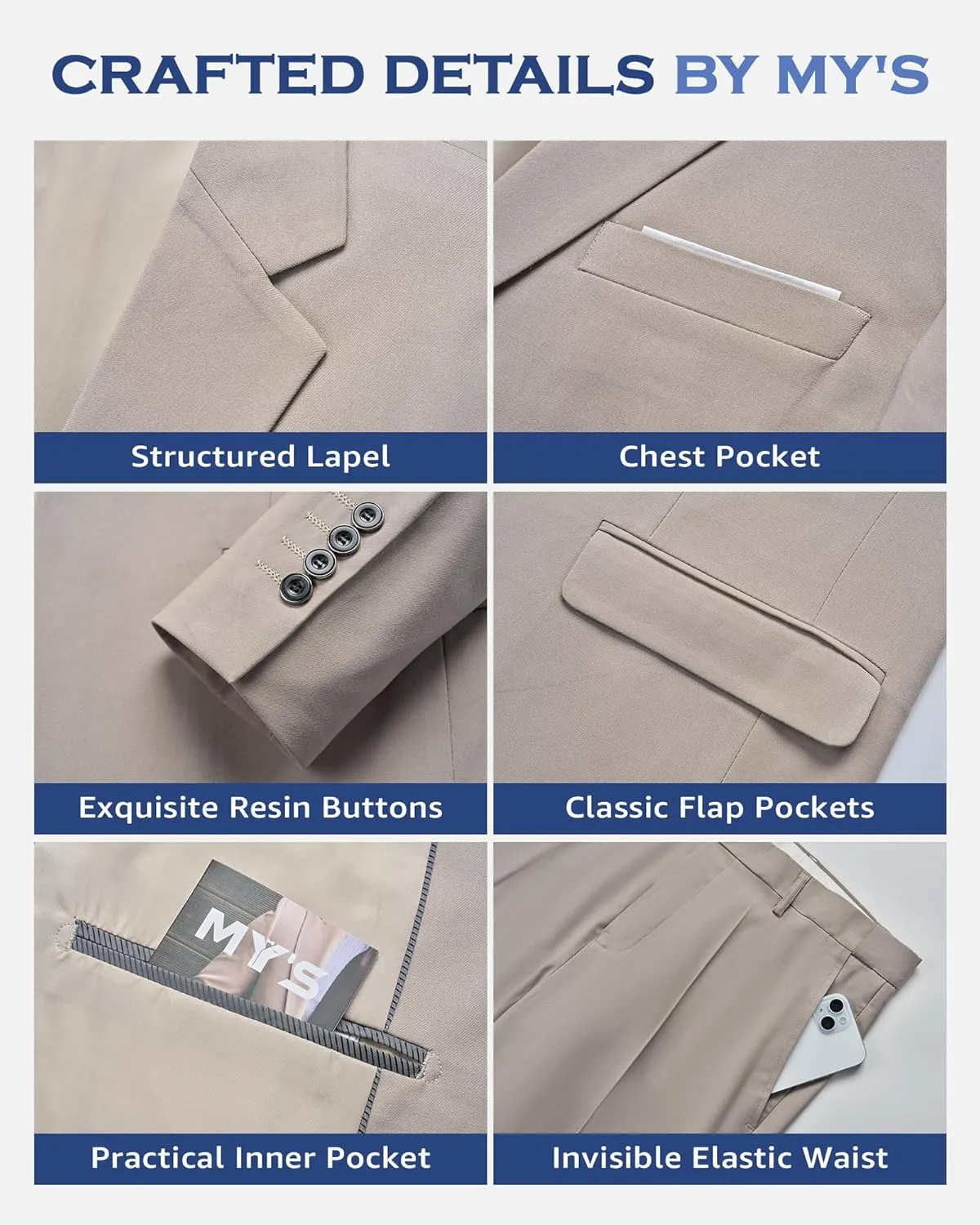 MY'S Men's Blazer Vest Pants Set, One Button Jacket Waistcoat and Trousers, Solid Party Wedding Dress