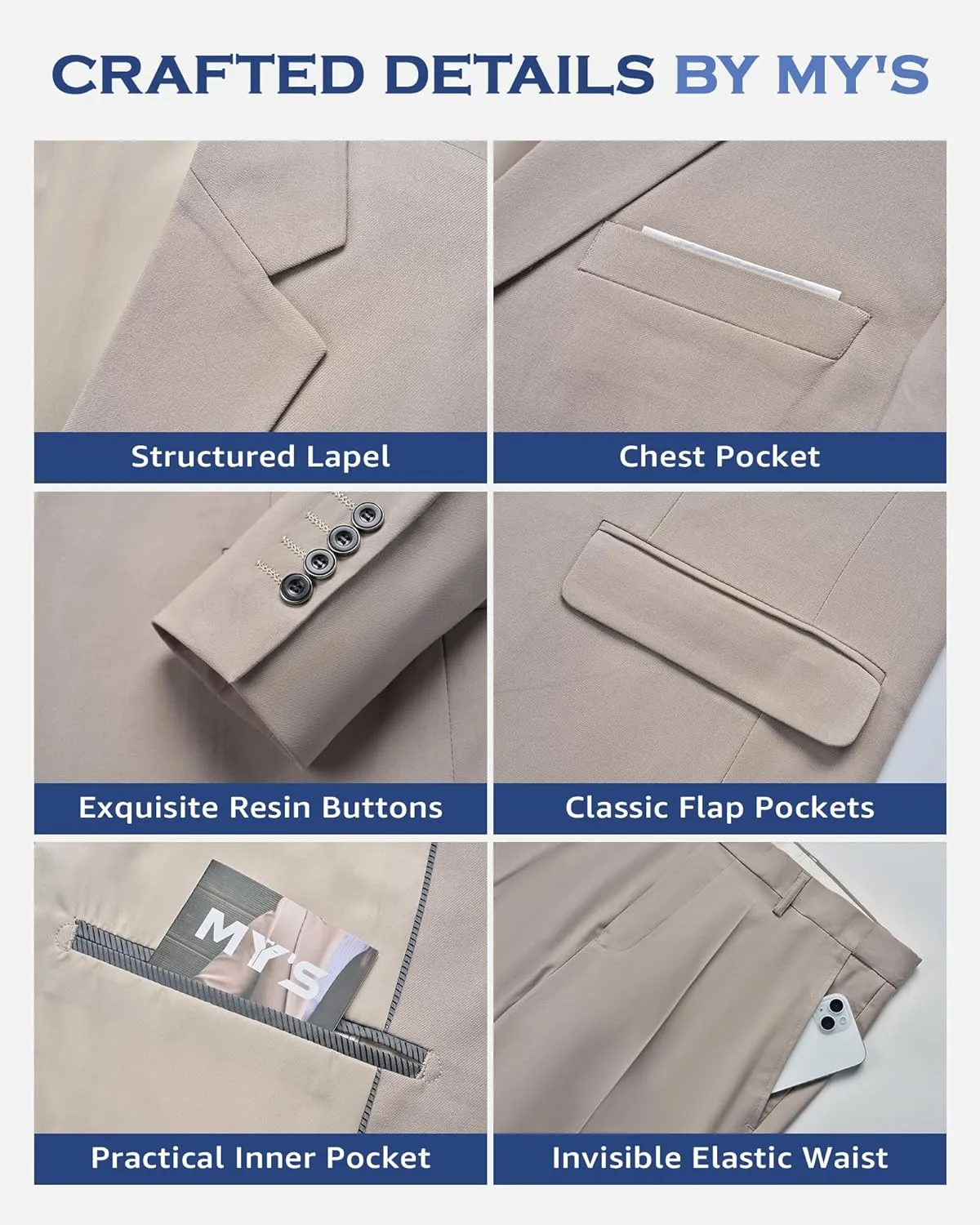 MY'S Men's Slim Fit 2 Piece Two Button Suit, Notch Lapel Jacket Pants Set with Tie, Solid Party Wedding Dress Blazer