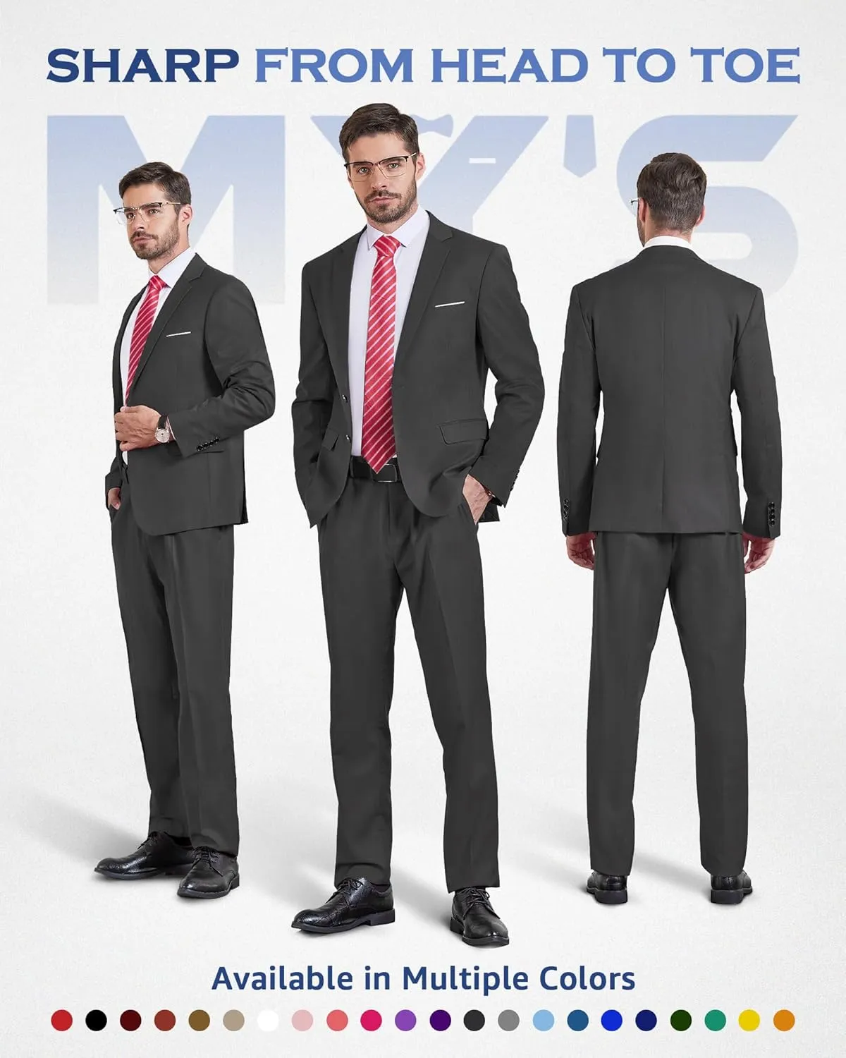 MY'S Men's Slim Fit 2 Piece Two Button Suit, Notch Lapel Jacket Pants Set with Tie, Solid Party Wedding Dress Blazer