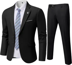 MY'S Men's Slim Fit 2 Piece Two Button Suit, Notch Lapel Jacket Pants Set with Tie, Solid Party Wedding Dress Blazer