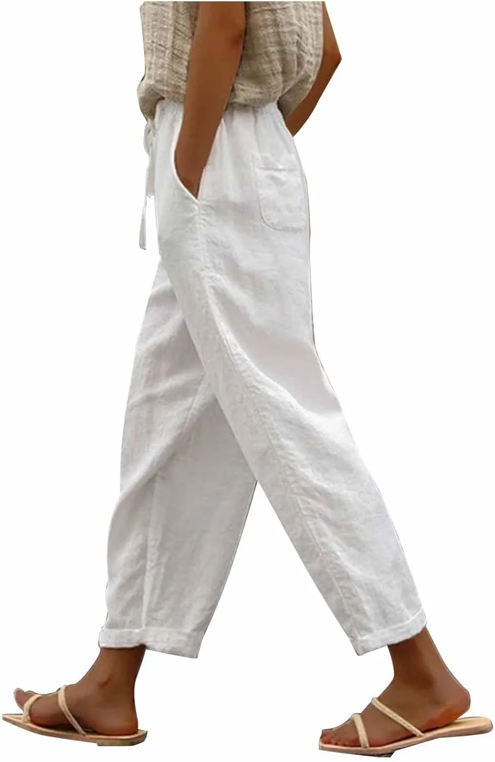 Mzkdieey Cotton Linen Capri Pants for Women Summer Casual Plain Drawstring Elastic Waist Baggy Cropped Trousers with Pockets