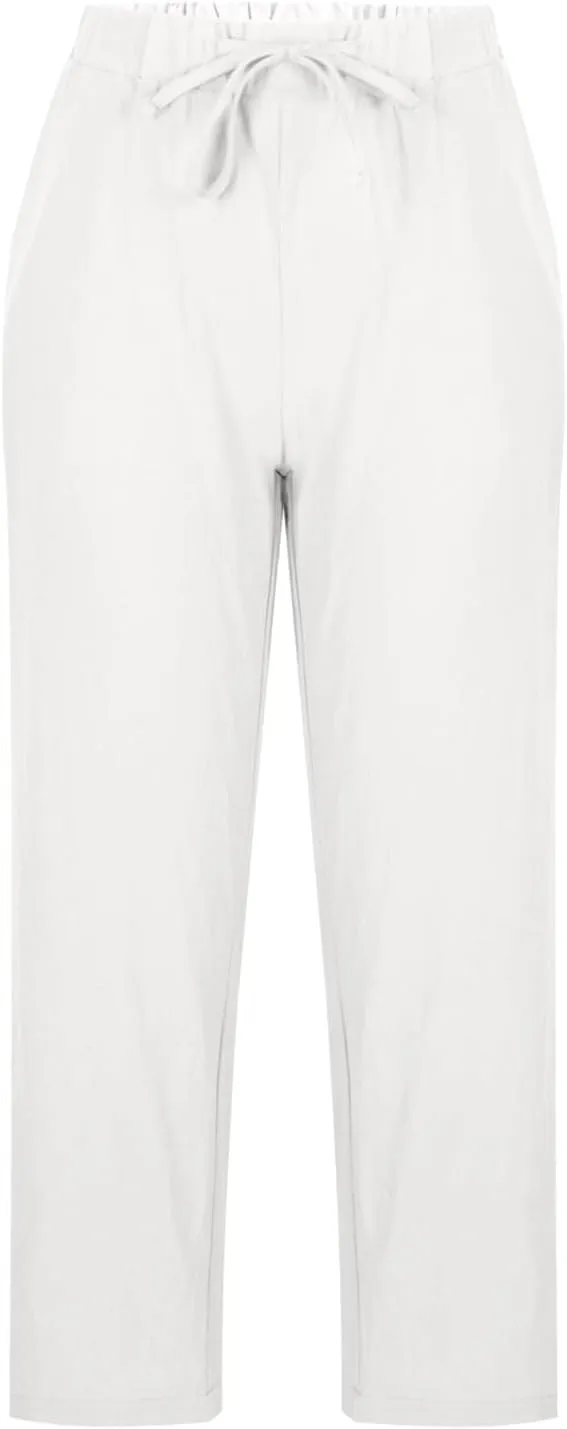 Mzkdieey Cotton Linen Capri Pants for Women Summer Casual Plain Drawstring Elastic Waist Baggy Cropped Trousers with Pockets