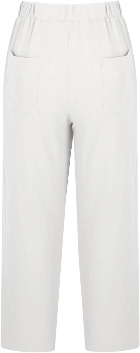 Mzkdieey Cotton Linen Capri Pants for Women Summer Casual Plain Drawstring Elastic Waist Baggy Cropped Trousers with Pockets