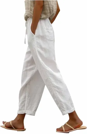 Mzkdieey Cotton Linen Capri Pants for Women Summer Casual Plain Drawstring Elastic Waist Baggy Cropped Trousers with Pockets